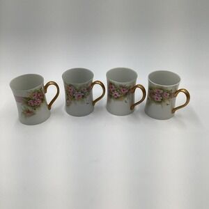 1984 Porcelain Mugs Set of 4 Roses Gold Handles Signed Collectible Vintage 1980s